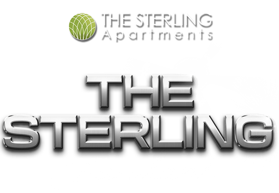 The Sterling Apartments logo with a black and white background.